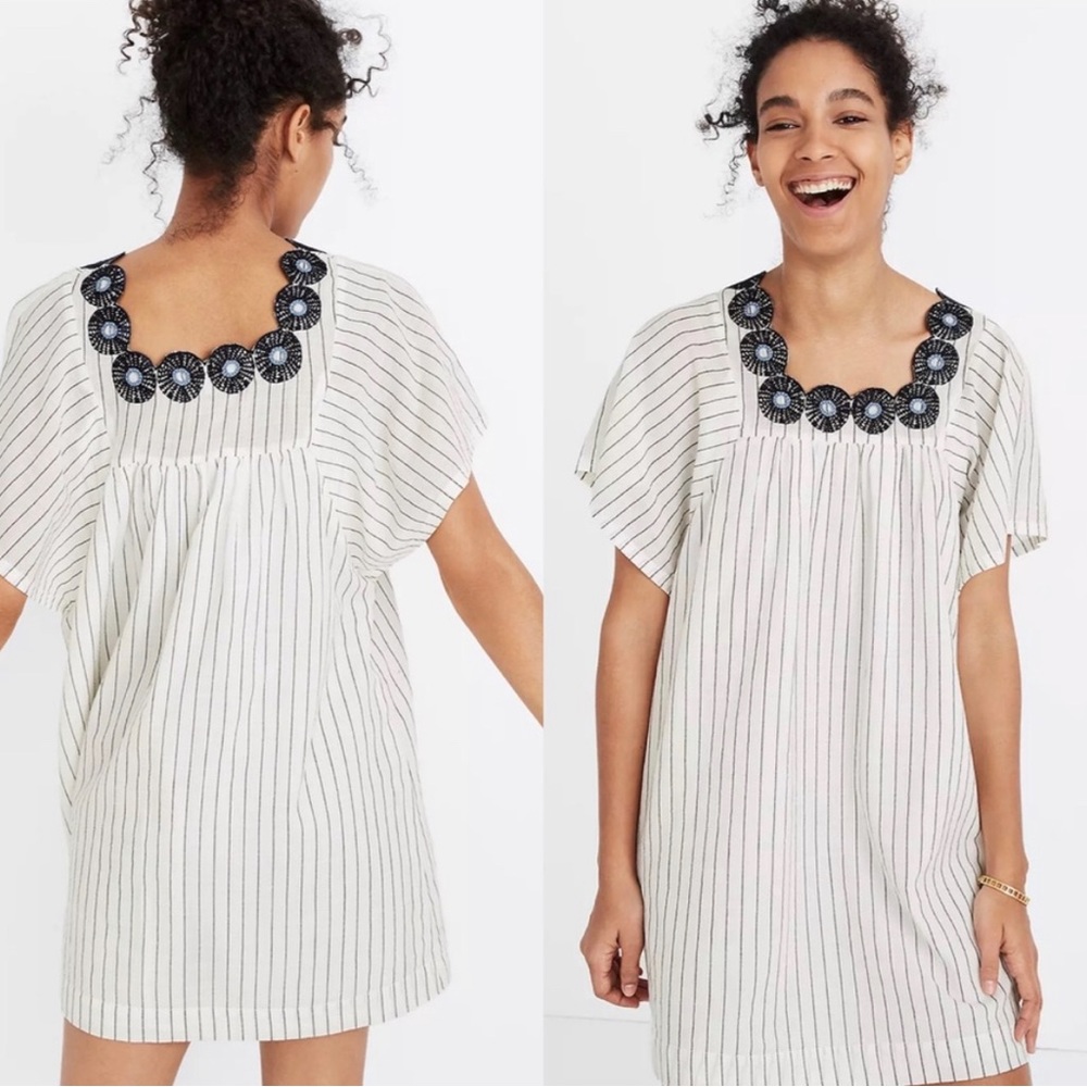 Madewell Cream Striped Mini Dress with Black Embroidered Neckline